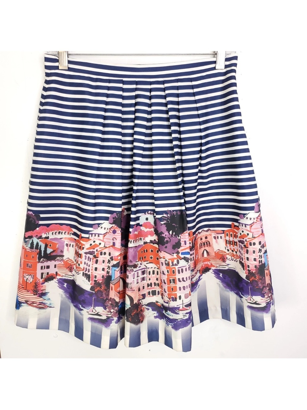 Boston Proper Skirt Womens  Circle Pleated Cityscape Print Striped Lined